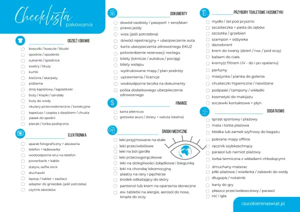 Checklista pakowania: dokumenty, odzież, elektronika, finanse, leki, kosmetyki i dodatki. Upewnij się, że masz wszystko gotowe na podróż, w tym dowody i bilety, aby odprawa online przebiegła sprawnie.