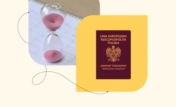 Koniec czasu na lotnisku? Paszport tymczasowy i klepsydra symbolizują pilną potrzebę podróży.