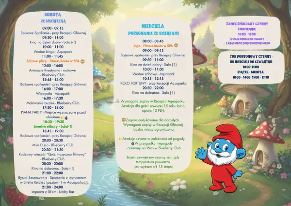Smerf animator zaprasza na sobotnie i niedzielne atrakcje: kino, aquapark, zabawy i imprezy.