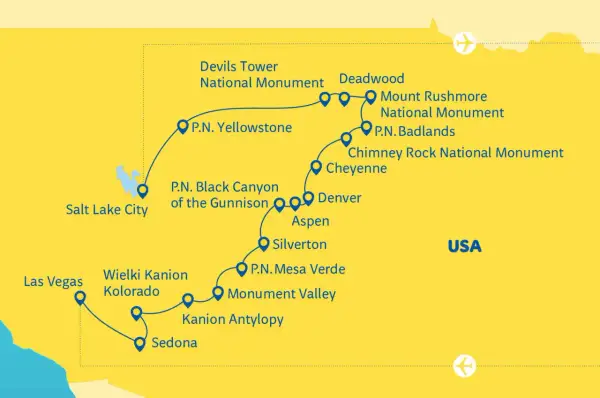 Mapa USA z trasą przez parki narodowe: Yellowstone, Black Canyon, Mesa Verde, Wielki Kanion Kolorado, Antelope Canyon, Sedona, Las Vegas, Salt Lake City, Devils Tower, Mount Rushmore, Badlands, Chimney Rock.